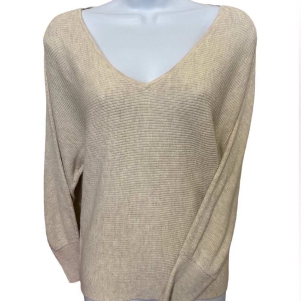 Beige Oatmeal Light Heather V-Neck Sweater Top - Picture 3 of 8